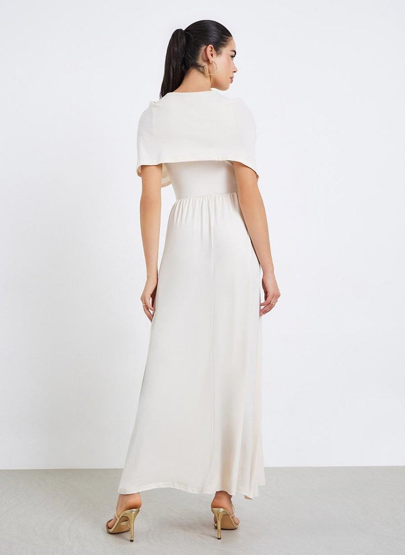 Styli Women Beige Gathered Shawl Maxi Dress - Image 5